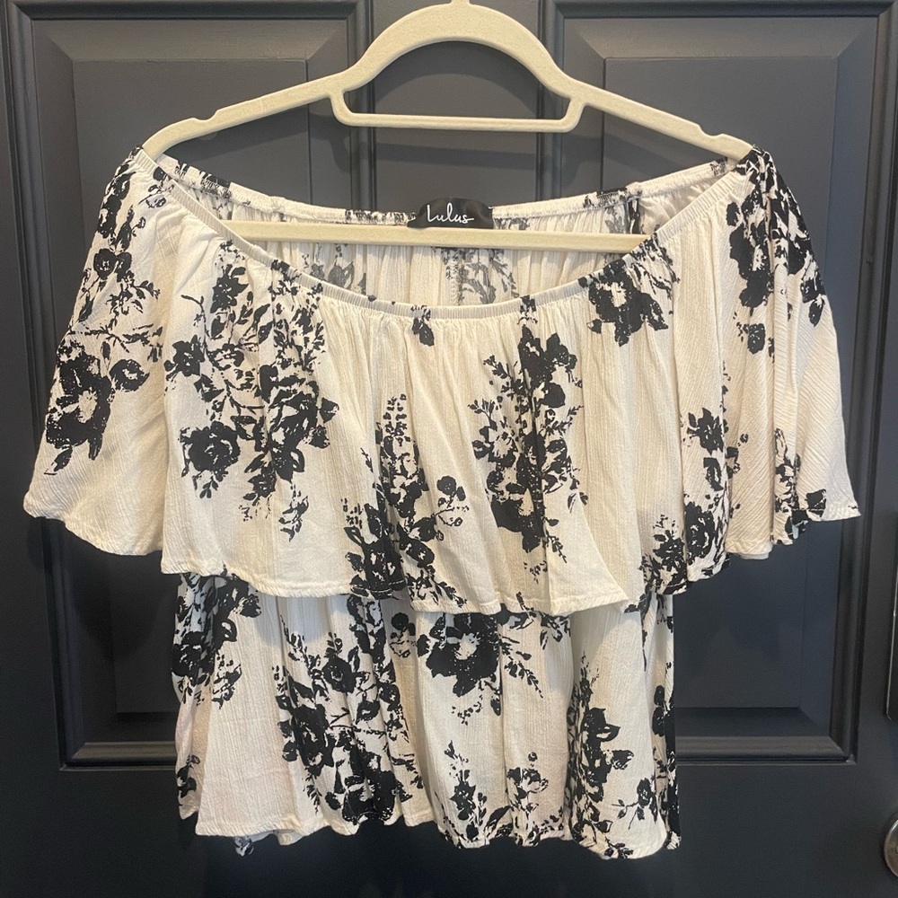 Lulu's Black and White Floral Off-Shoulder Top